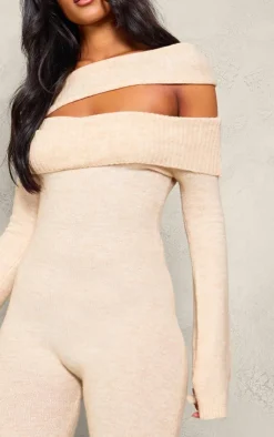 PrettyLittleThing Christmas Shop*Tall Soft Knit Bardot Foldover Asymmetric Neck Jumpsuit