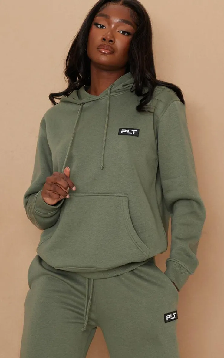 Discount PrettyLittleThing Tall Badge Detailed Oversized Hoodie Olive
