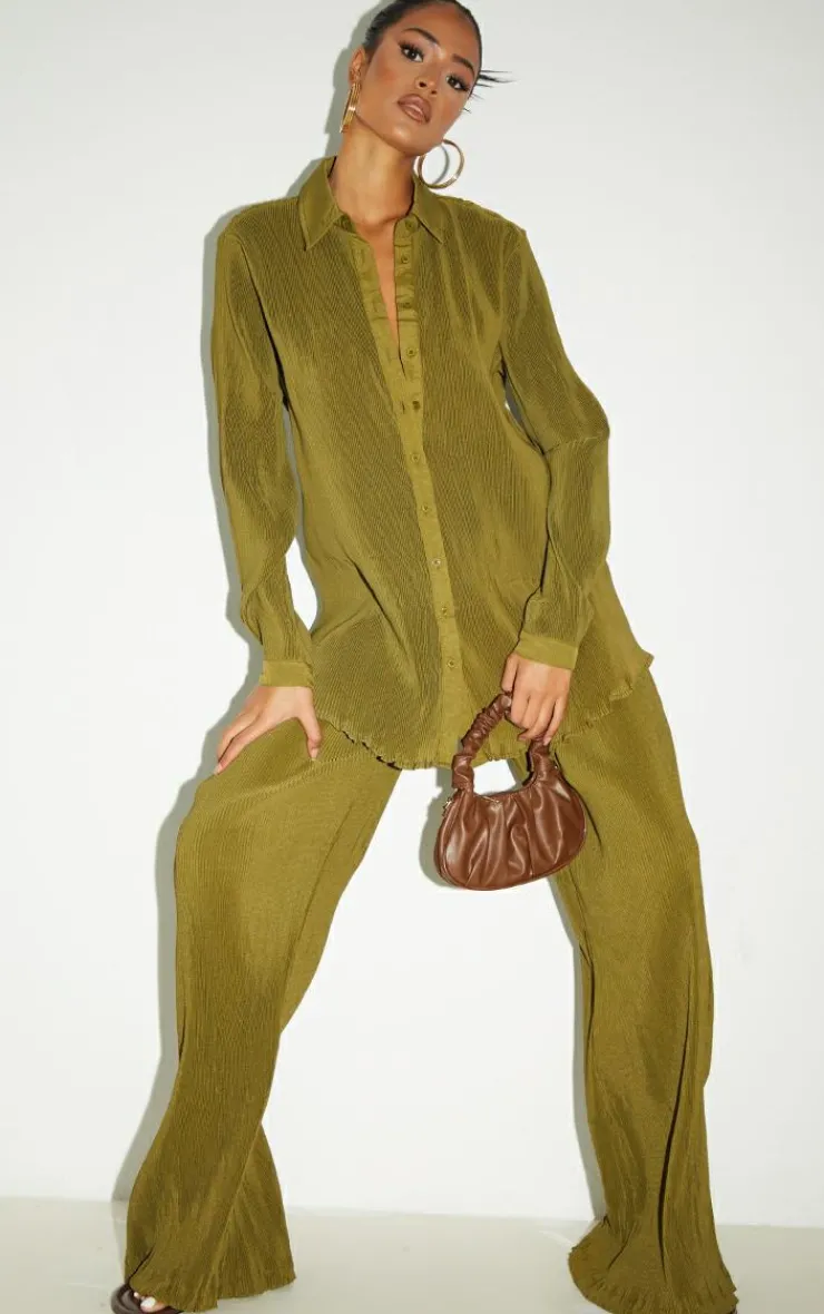 Sale PrettyLittleThing Tall Plisse High Waisted Wide Leg Pants Olive