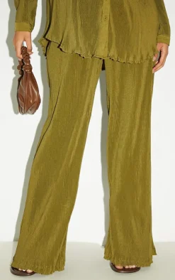 Sale PrettyLittleThing Tall Plisse High Waisted Wide Leg Pants Olive