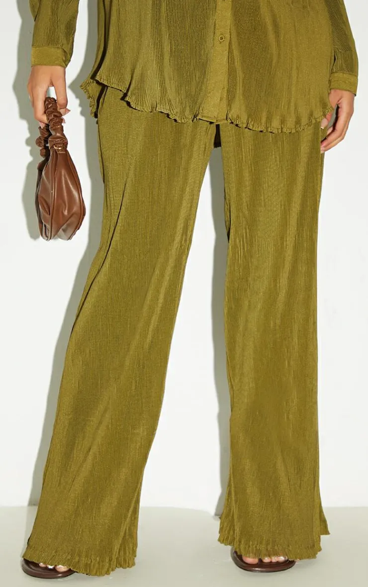 Sale PrettyLittleThing Tall Plisse High Waisted Wide Leg Pants Olive