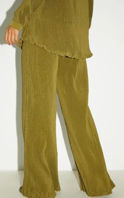 Sale PrettyLittleThing Tall Plisse High Waisted Wide Leg Pants Olive