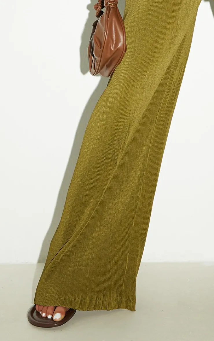 Sale PrettyLittleThing Tall Plisse High Waisted Wide Leg Pants Olive