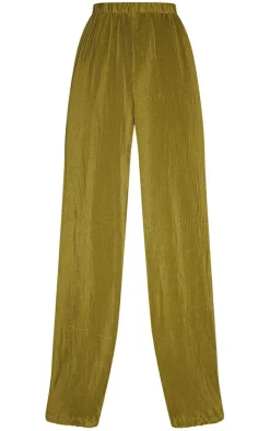 Sale PrettyLittleThing Tall Plisse High Waisted Wide Leg Pants Olive