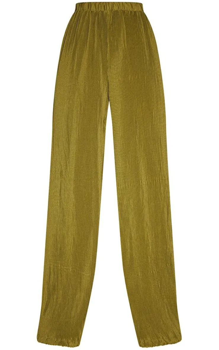 Sale PrettyLittleThing Tall Plisse High Waisted Wide Leg Pants Olive