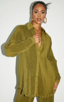 Outlet PrettyLittleThing Tall Plisse Oversized Cuff Detail Shirt Olive
