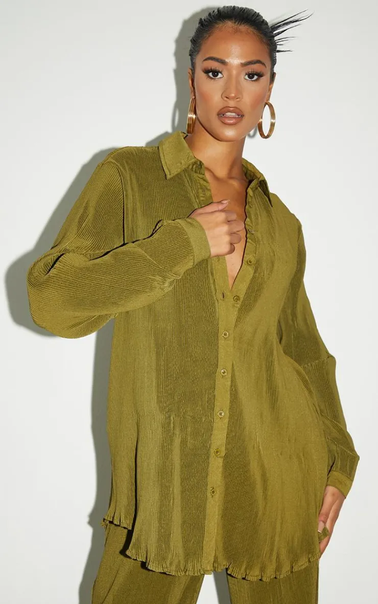 Outlet PrettyLittleThing Tall Plisse Oversized Cuff Detail Shirt Olive