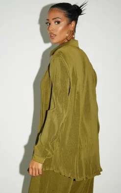 Outlet PrettyLittleThing Tall Plisse Oversized Cuff Detail Shirt Olive