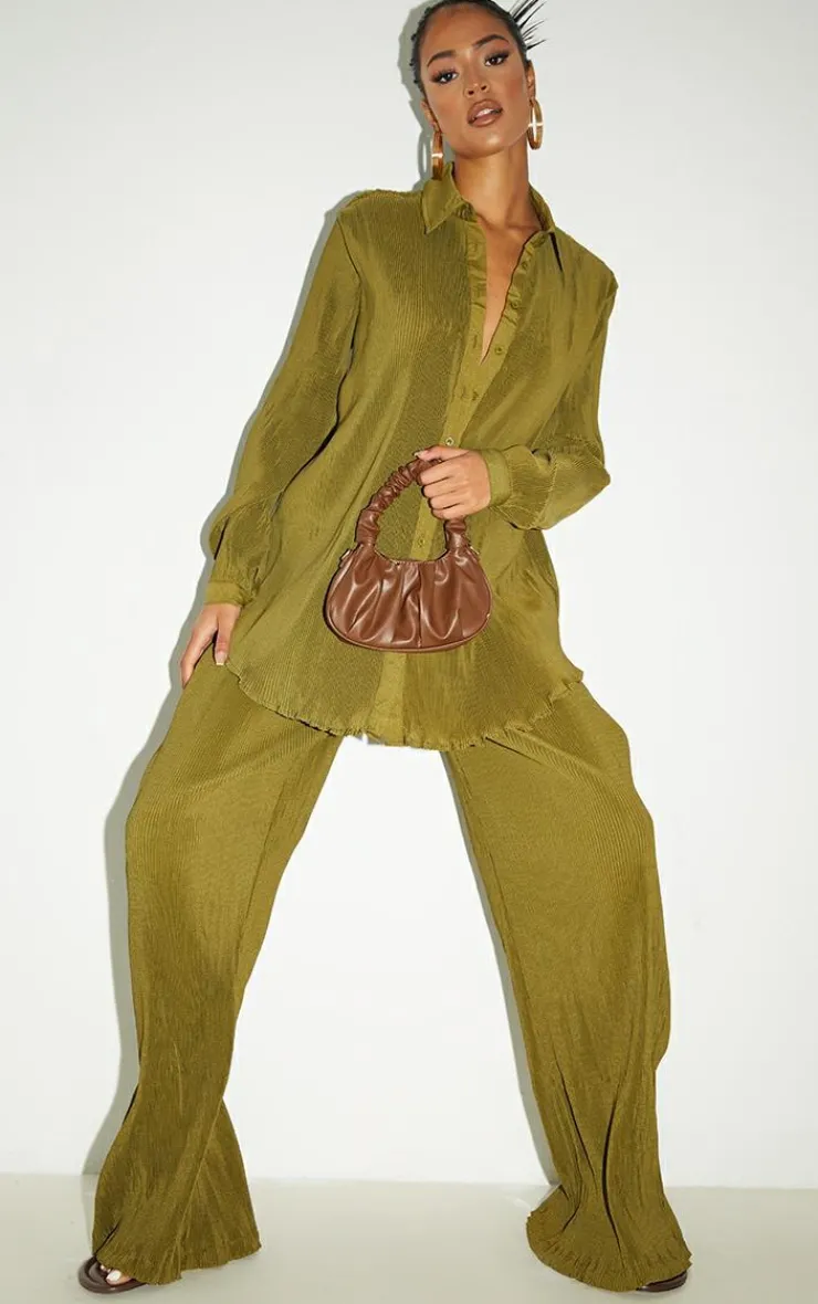 Outlet PrettyLittleThing Tall Plisse Oversized Cuff Detail Shirt Olive