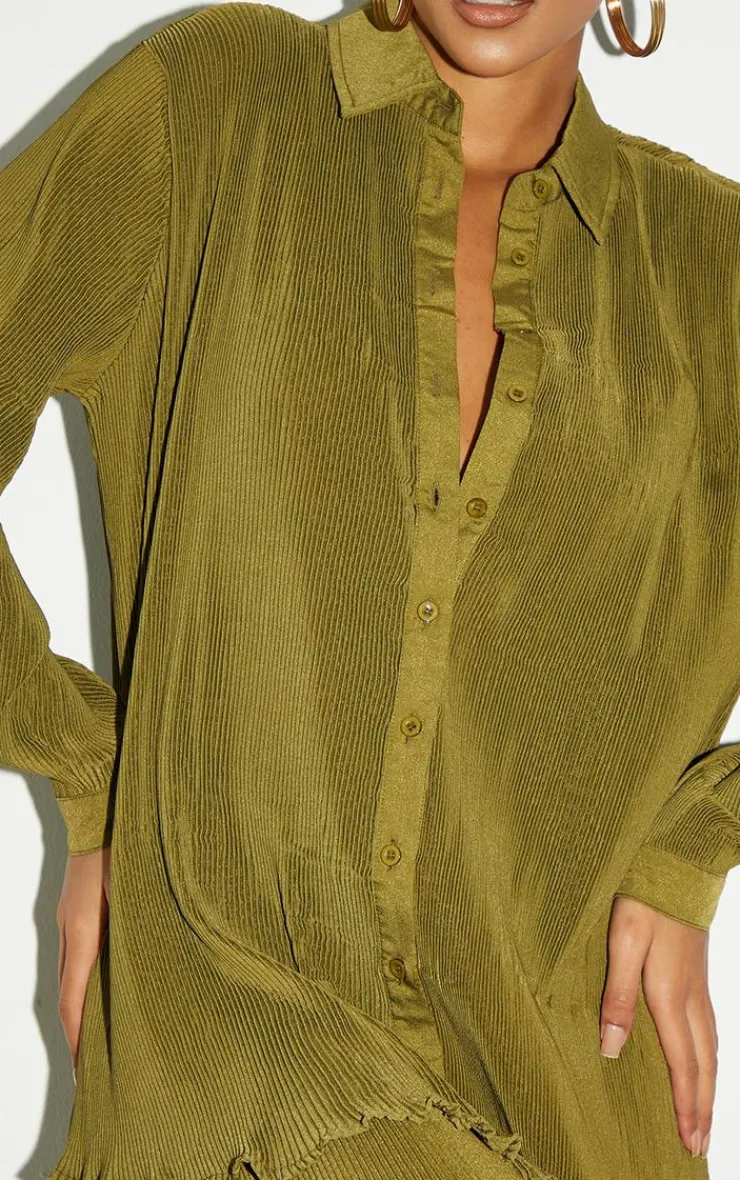 Outlet PrettyLittleThing Tall Plisse Oversized Cuff Detail Shirt Olive