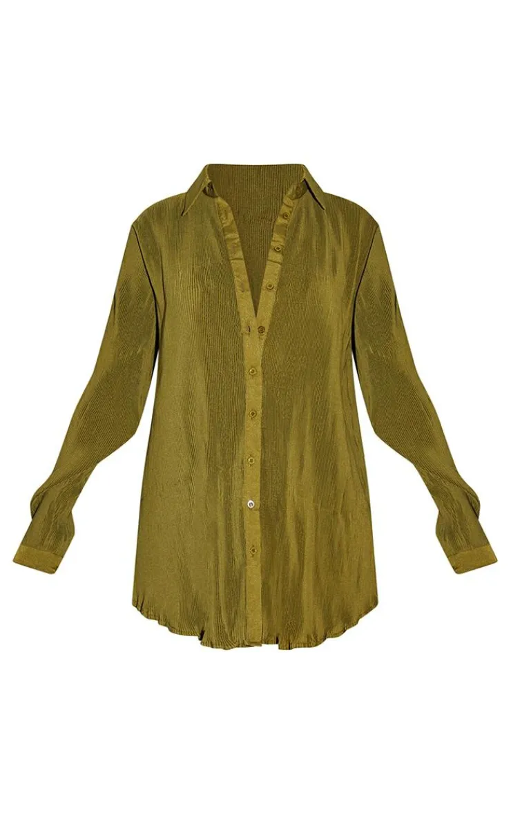 Outlet PrettyLittleThing Tall Plisse Oversized Cuff Detail Shirt Olive
