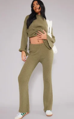 Hot PrettyLittleThing Tall Soft Knit Wide Leg Pants Olive