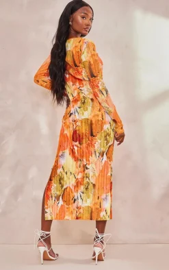 Tall Floral Print Plisse Long Sleeve Split Detail Midi Dress-PrettyLittleThing New