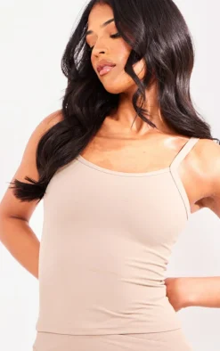 Online PrettyLittleThing Tall Snatched Sculpt Cami Strap Crop Top Pale Khaki