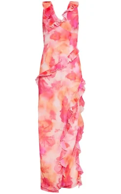 Tall Floral Asymmetric Frill Split Maxi Dress-PrettyLittleThing