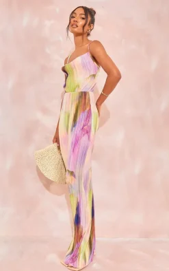 Tall Watercolour Print Plisse Strappy Maxi Dress-PrettyLittleThing New
