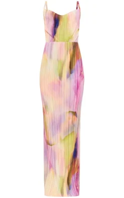 Tall Watercolour Print Plisse Strappy Maxi Dress-PrettyLittleThing New