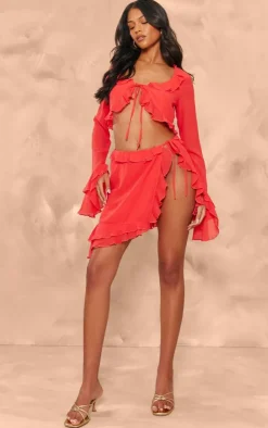 Sale PrettyLittleThing Tall Chiffon Frill Detail Split Mini Skirt Red