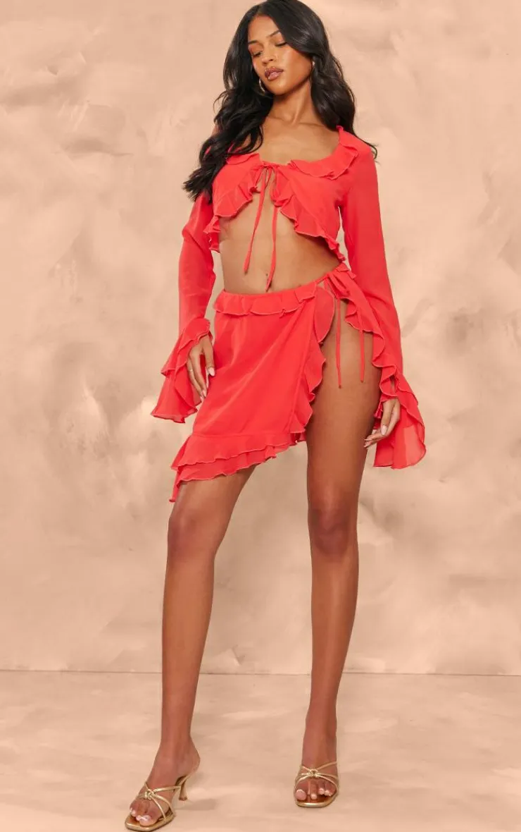 Sale PrettyLittleThing Tall Chiffon Frill Detail Split Mini Skirt Red