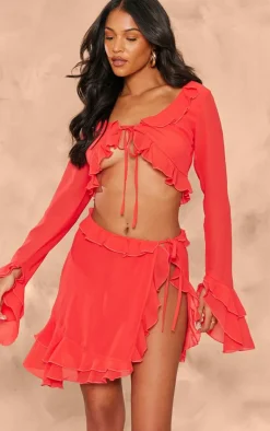 Sale PrettyLittleThing Tall Chiffon Frill Detail Split Mini Skirt Red