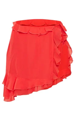 Sale PrettyLittleThing Tall Chiffon Frill Detail Split Mini Skirt Red