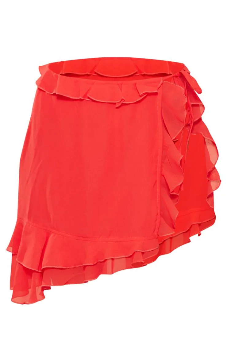 Sale PrettyLittleThing Tall Chiffon Frill Detail Split Mini Skirt Red