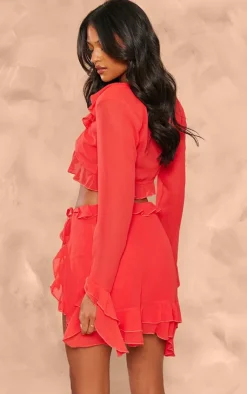 New PrettyLittleThing Tall Chiffon Frill Detail Tie Crop Top Red