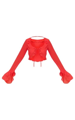 New PrettyLittleThing Tall Chiffon Frill Detail Tie Crop Top Red
