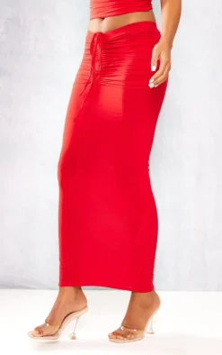Online PrettyLittleThing Tall Slinky Ruched Detail Midaxi Skirt Red