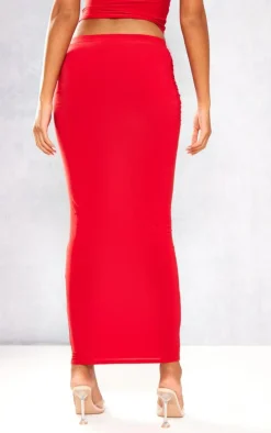Online PrettyLittleThing Tall Slinky Ruched Detail Midaxi Skirt Red