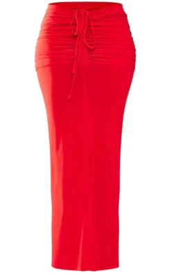 Online PrettyLittleThing Tall Slinky Ruched Detail Midaxi Skirt Red