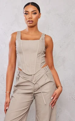New PrettyLittleThing Tall Faux Leather Corset Top Stone
