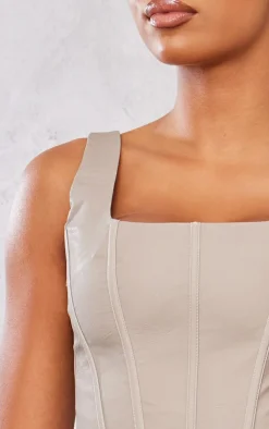 New PrettyLittleThing Tall Faux Leather Corset Top Stone