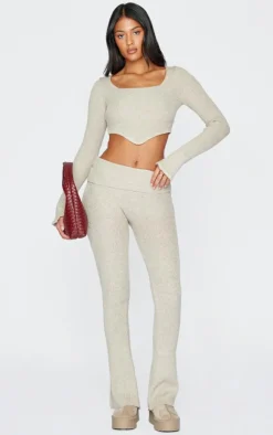 Hot PrettyLittleThing Tall Knitted Foldover Waist Flared Pants Stone