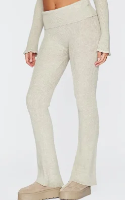Hot PrettyLittleThing Tall Knitted Foldover Waist Flared Pants Stone