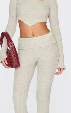 Hot PrettyLittleThing Tall Knitted Foldover Waist Flared Pants Stone