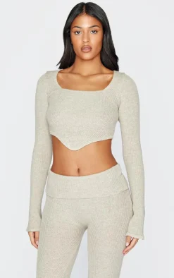 Sale PrettyLittleThing Tall Knitted Long Sleeve Corset Top Stone