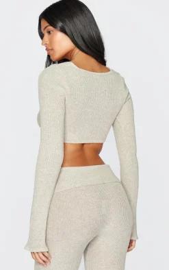 Sale PrettyLittleThing Tall Knitted Long Sleeve Corset Top Stone