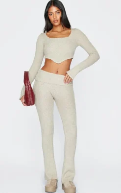 Sale PrettyLittleThing Tall Knitted Long Sleeve Corset Top Stone