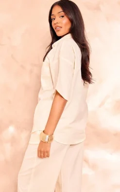 Online PrettyLittleThing Tall Linen Look Short Sleeve Shirt Stone