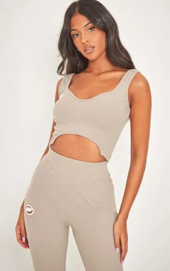 Outlet PrettyLittleThing Tall Ribbed Logo Cut Out Detail Crop Top Stone