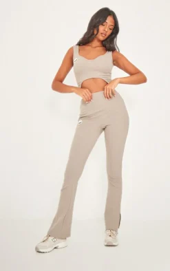 Outlet PrettyLittleThing Tall Ribbed Logo Cut Out Detail Crop Top Stone