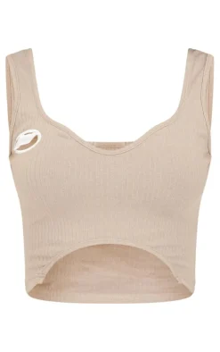 Outlet PrettyLittleThing Tall Ribbed Logo Cut Out Detail Crop Top Stone