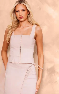 New PrettyLittleThing Tall Stretch Woven Hook And Eye Corset Top Stone