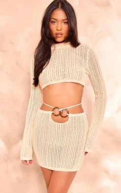 New PrettyLittleThing Tall Trim Detail Open Knit Mini Skirt Stone
