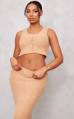 Sale PrettyLittleThing Tall Fluffy Knit Button Detail Vest Tan