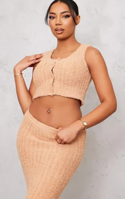 Sale PrettyLittleThing Tall Fluffy Knit Button Detail Vest Tan