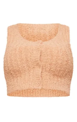 Sale PrettyLittleThing Tall Fluffy Knit Button Detail Vest Tan