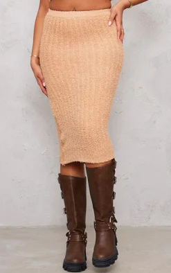 Outlet PrettyLittleThing Tall Fluffy Knitted Midi Skirt Tan