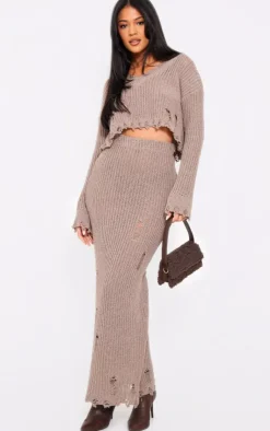 Clearance PrettyLittleThing Tall Distressed Knitted Midaxi Skirt Taupe